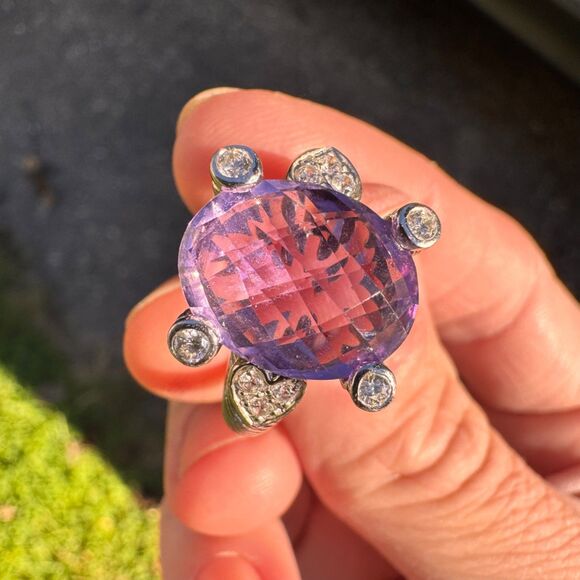 JUDITH RIPKA Sterling Silver Amethyst Ring w Hearts & CZ Size 8 - 925 Vintage - Picture 5 of 13